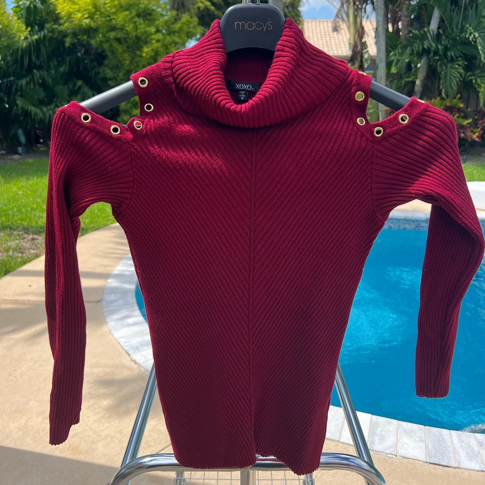 XOXO Women's Red Cowl Neck Sweater with Gold Accents